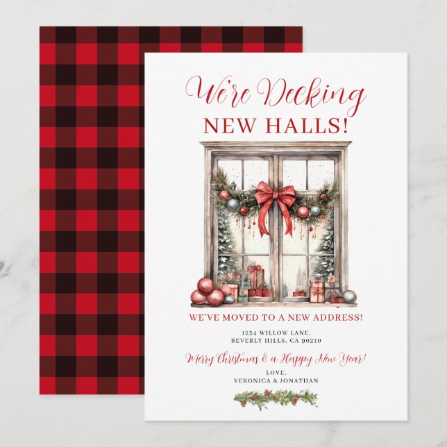 Invitación Red Bow Winter Christmas New Address Announcement (Anverso / Reverso)