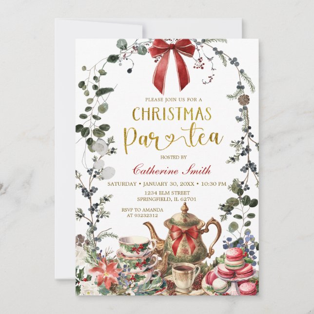 Invitación Red Bow Winter Greenery Christmas Tea Party (Anverso)