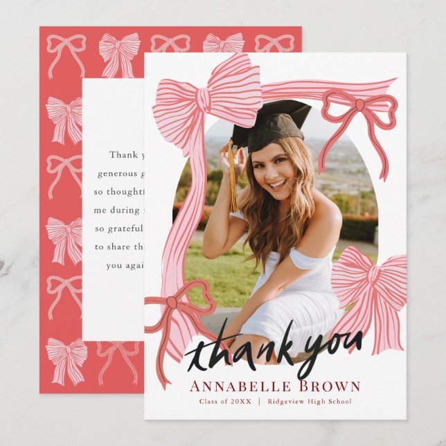 Invitación Red Bows Photo Graduation Thank You Card (Anverso / Reverso)