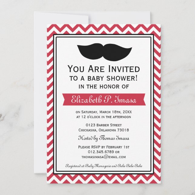 Invitación Red Boy Mustache Chevron Baby Shower (Anverso)