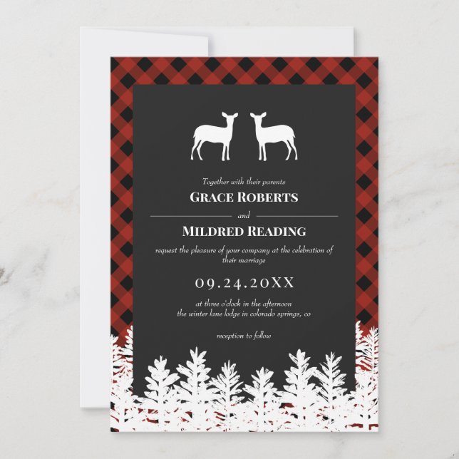 Invitación Red Buffalo Check Rustic Deer hace Boda lesbiana (Anverso)