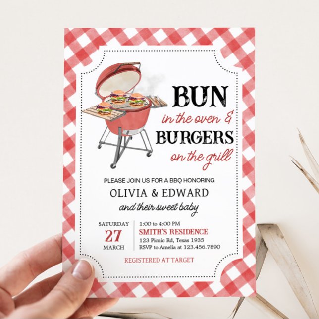 Invitación Red Burger BBQ Baby Shower (Backyard BBQ Baby Shower Invitation)