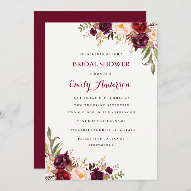 Invitación Red Burgundy Floral Fall Bridal Shower Card (Anverso / Reverso)