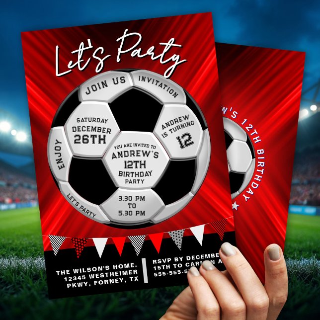Invitación Red Burst Sporty Soccer Ball Boys Birthday (Subido por el creador)