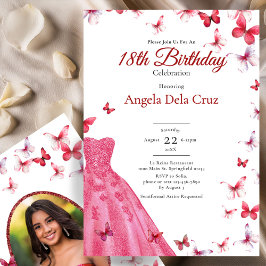 Invitación Red Butterflies And Dress 18th Birthday Debut