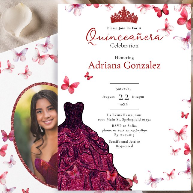 Invitación Red Butterflies Dress Photo 15 XV Quinceanera (Subido por el creador)