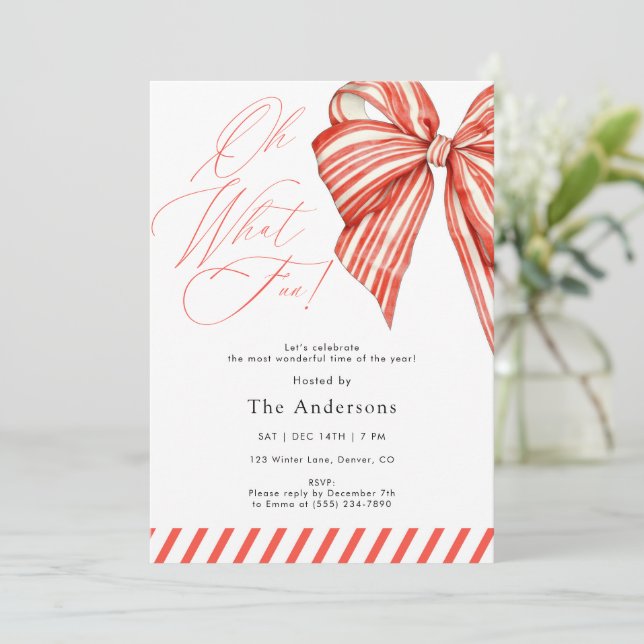 Invitación Red Candy Stripe Oh What Fun Christmas Party (Anverso de pie)