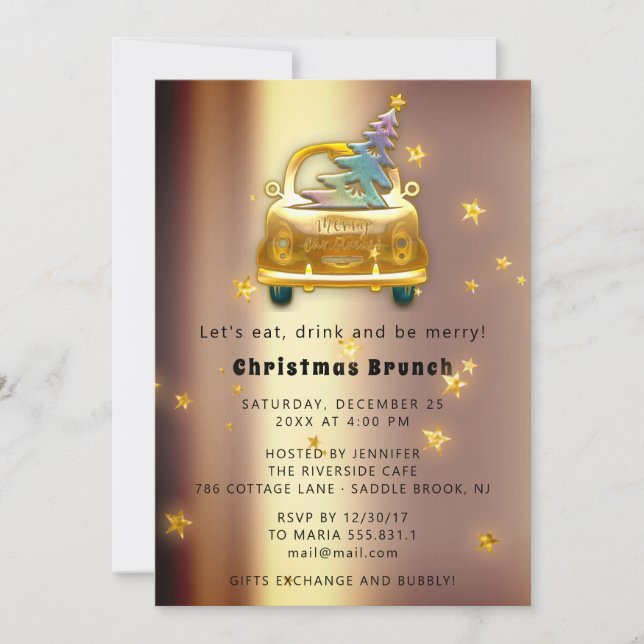 Invitación Red Car Christmas Brunch Dinner Tree Gold Stars (Anverso)