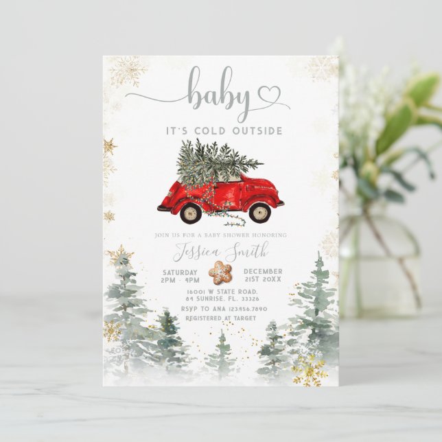 Invitación Red Car Pine Tree Winter Baby Shower Invitation (Anverso de pie)