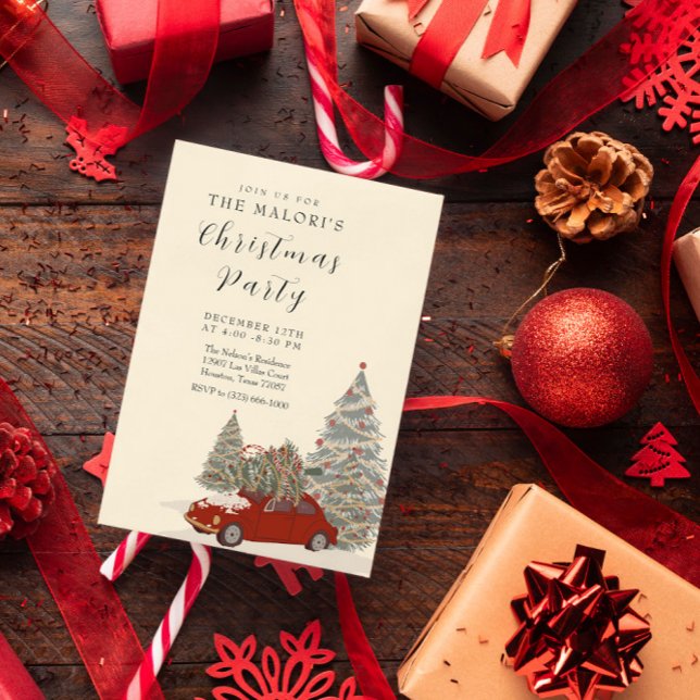 Invitación Red Car with Christmas Tree and Festive Winter Pin (Subido por el creador)