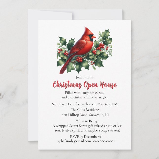 Invitación Red Cardinal with Holly Christmas  Open House  (Anverso)
