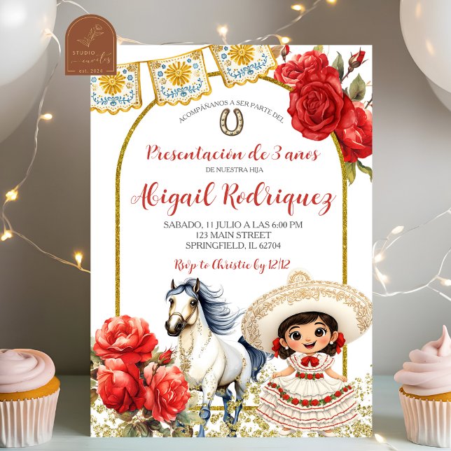 Invitación Red Charra Rose Girl Presentacion de 3 anos Invita (Subido por el creador)