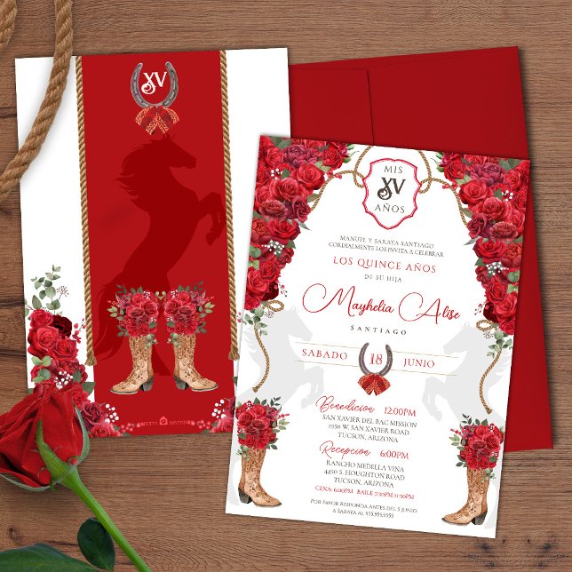 Invitación Red Charro Country Western Ranch Style Quinceañera (Subido por el creador)