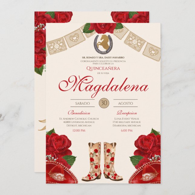 Invitación Red Charro Mariachi Rosa Occidental Quinceanera (Anverso / Reverso)