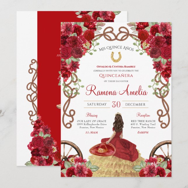 Invitación Red Charro Rustic Floral Occidental Quinceañera (Anverso / Reverso)