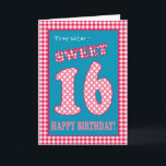 Invitación Red Check Polkas Sweet 16th Birthday for Sister<br><div class="desc">Una dulce tarjeta de cumpleaños número 16 para una hermana,  con un toque bonito,  retro. Las letras,  los números y el borde son de color rojo y blanco rayado de gingham y polka en un fondo azul denim. Puede cambiar el mensaje interno si lo desea.</div>