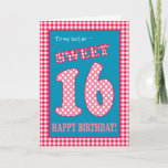 Invitación Red Check Polkas Sweet 16th Birthday for Sister<br><div class="desc">Una dulce tarjeta de cumpleaños número 16 para una hermana,  con un toque bonito,  retro. Las letras,  los números y el borde son de color rojo y blanco rayado de gingham y polka en un fondo azul denim. Puede cambiar el mensaje interno si lo desea.</div>