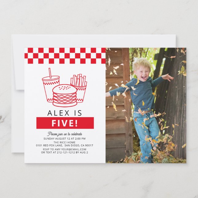 Invitación Red Checker Hamburger Photo 5th Birthday (Anverso)