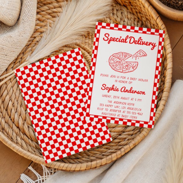 Invitación Red Checkered Special Delivery Pizza Baby Shower (Subido por el creador)