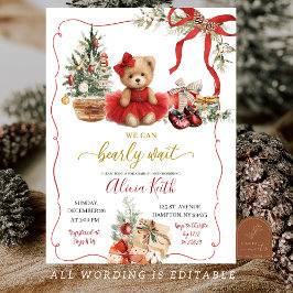 Invitación Red Christmas Coquette Bear Girl Baby Shower