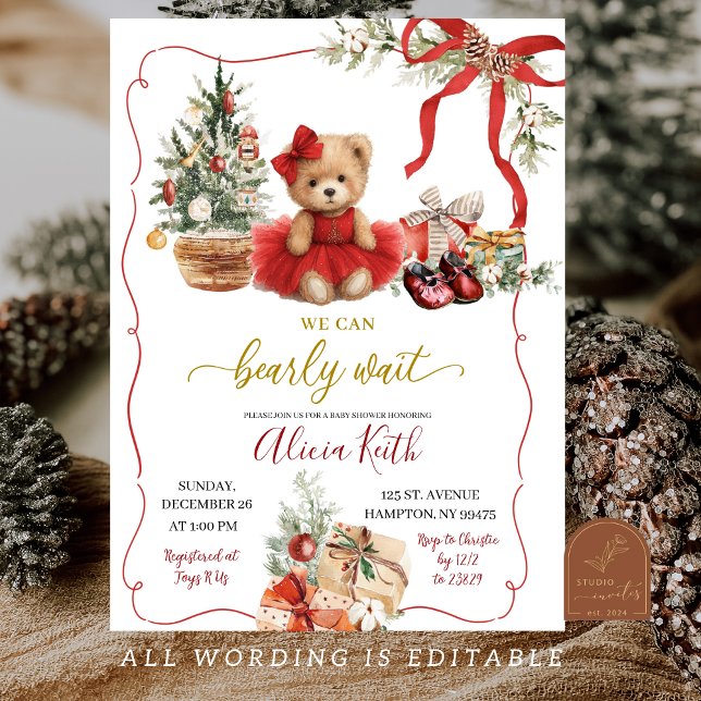 Invitación Red Christmas Coquette Bear Girl Baby Shower (Subido por el creador)
