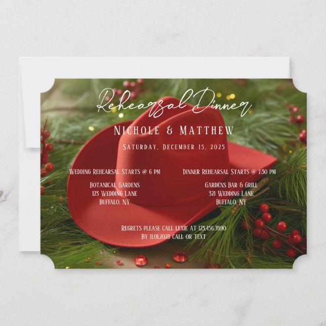 Invitación Red Christmas Cowboy Hat Rehearsal Dinner (Anverso)