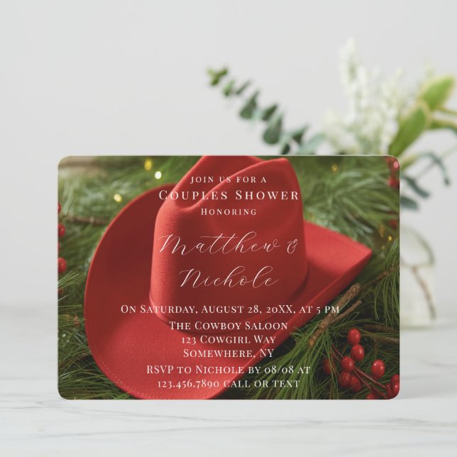 Invitación Red Christmas Cowboy Hat Wedding Shower (Anverso de pie)