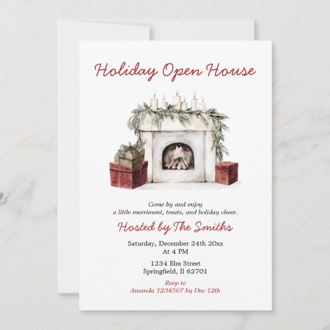 Invitación Red Christmas Fireplace Holiday Open House Party (Anverso)