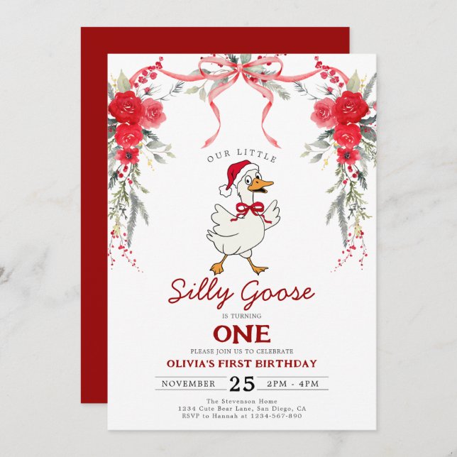 Invitación Red Christmas Silly Goose Girl 1st Birthday (Anverso / Reverso)
