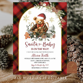 Invitación Red Christmas Tartan Cozy Santa Bear Baby Shower