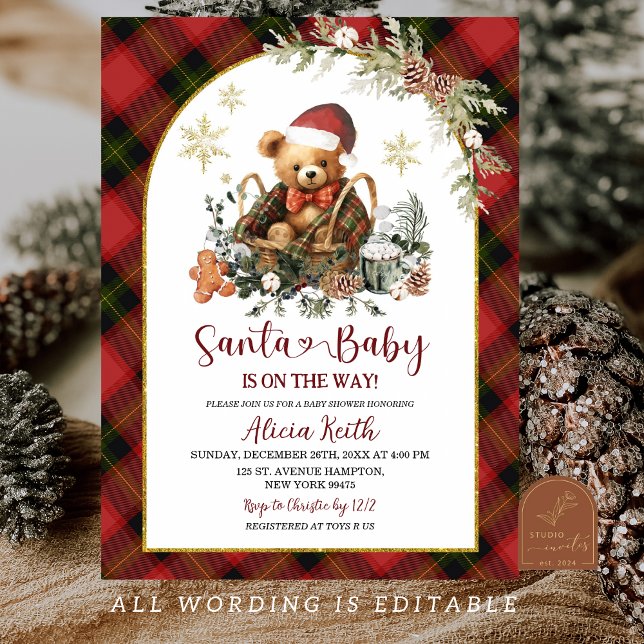 Invitación Red Christmas Tartan Cozy Santa Bear Baby Shower (Subido por el creador)