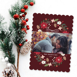 Invitación Red Christmas Wreath Floral Holiday Photo Card