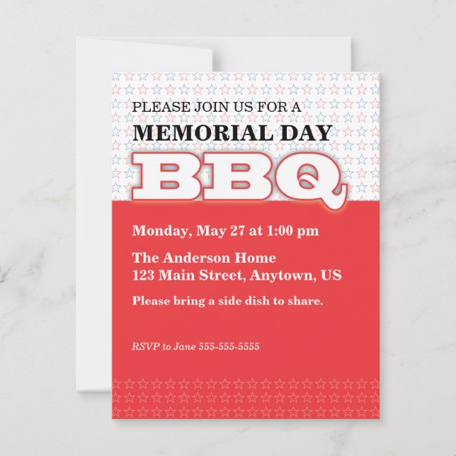 Invitación Red con Stars Memorial Day BBQ (Anverso)