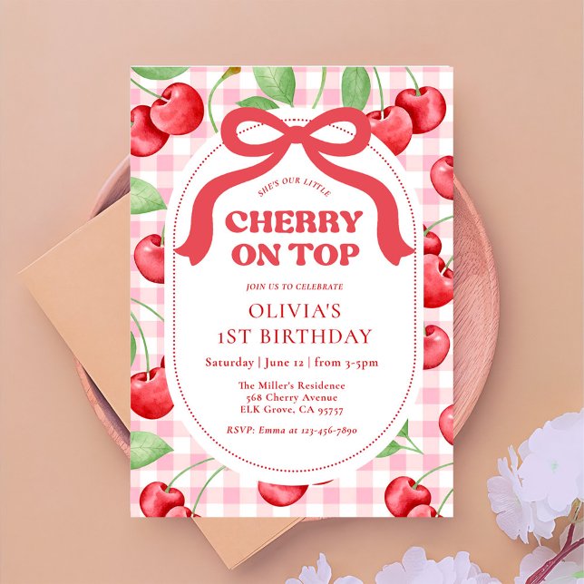 Invitación Red Coquette Bow Cherry On Top Birthday Party (Subido por el creador)