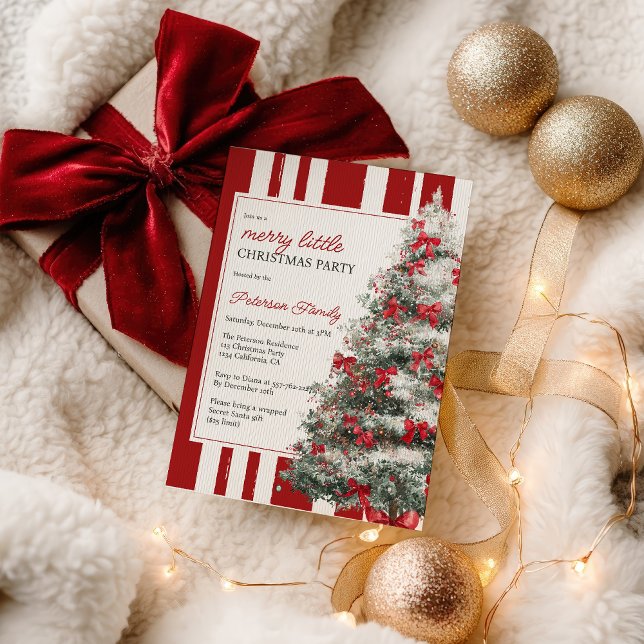 Invitación Red Coquette Bow Merry Little Christmas Tree Party (Red Coquette Bow Merry Little Christmas Tree Party Invitation)
