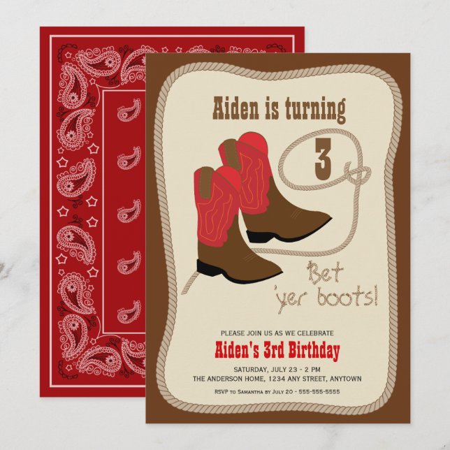 Invitación Red Cowboy bota el partido de cumpleaños occidenta (Anverso / Reverso)