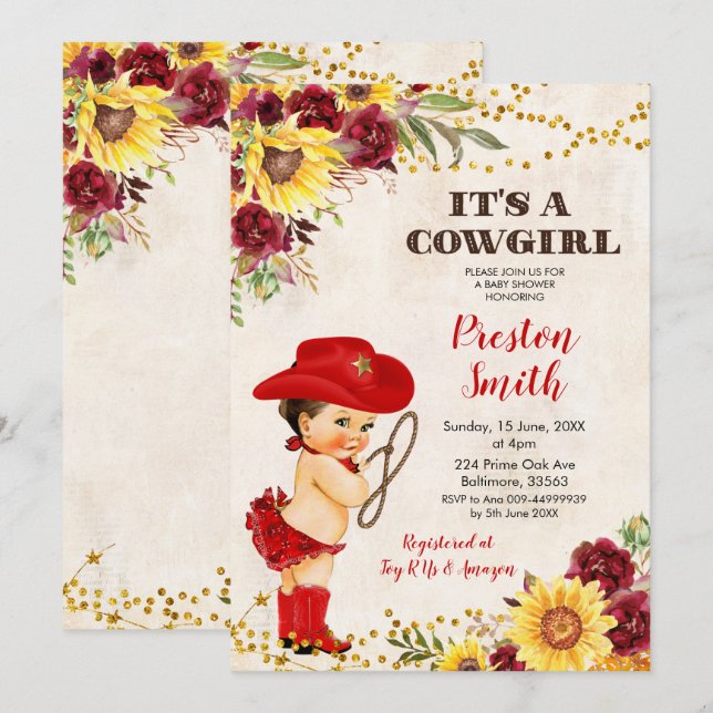 Invitación Red Cowgirl Brown Hair Rosa y Sunflower Baby Showe (Anverso / Reverso)