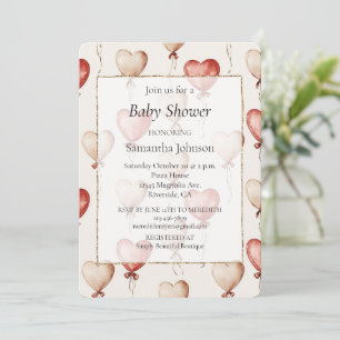 Invitación Red Cream Heart Balloons Baby Shower