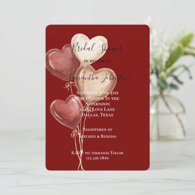 Invitación Red Cream Heart Balloons Bridal Shower (Anverso de pie)