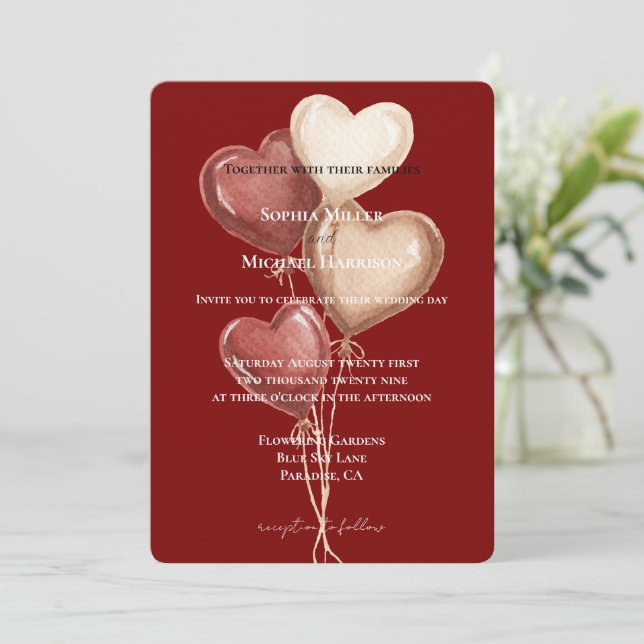 Invitación Red Cream Heart Balloons Wedding (Anverso de pie)