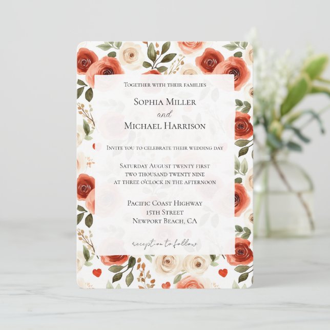 Invitación Red Cream Hearts and Flowers Wedding (Anverso de pie)