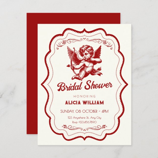 Invitación Red cupid angel bridal shower (Anverso / Reverso)
