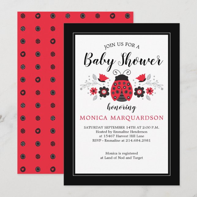 Invitación Red Cute Ladybug Chica Baby Shower (Anverso / Reverso)