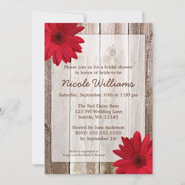 Invitación Red Daisy Rustic Barn Wood Bridal Shower (Anverso)