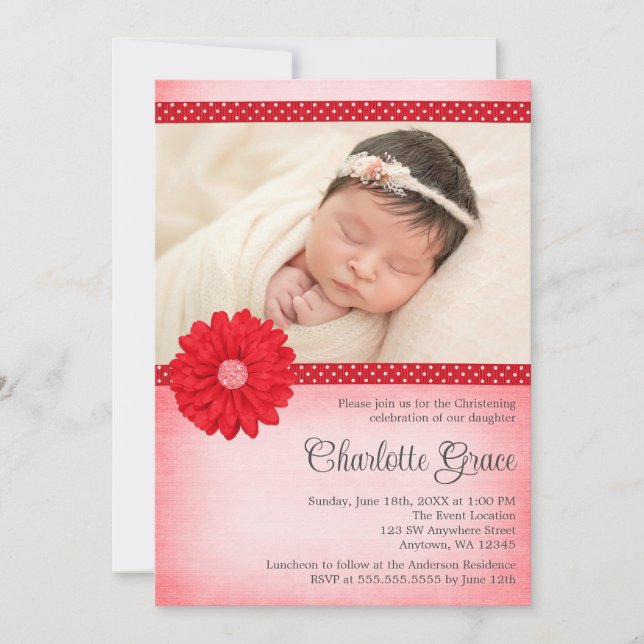 Invitación Red Daisy Sparkle Photo Baptism Christening (Anverso)