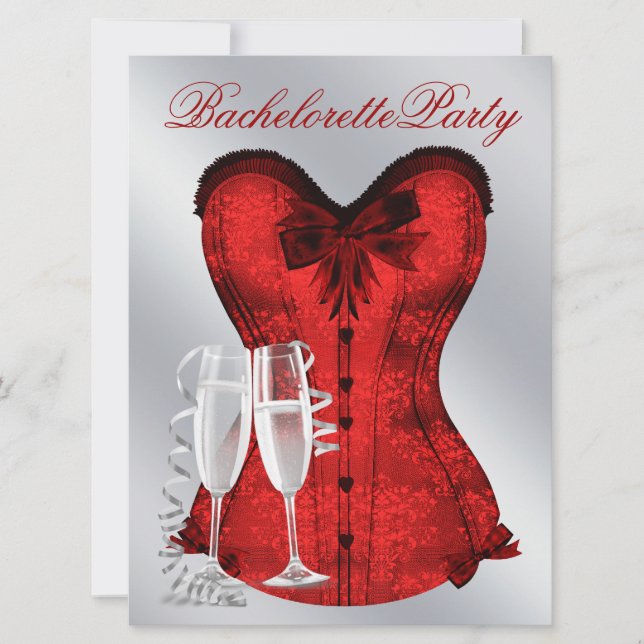 Invitación Red Damask Corset Champagne Bandera Roja (Anverso)