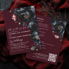 Invitación Red Dark Moody Peony Boda gótico Código QR