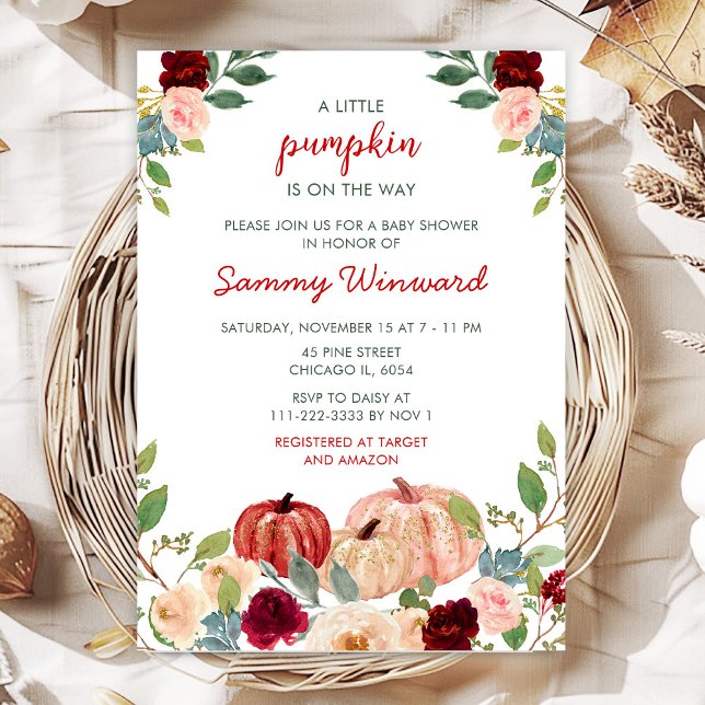 Invitación Red de Borgoña y Rubor Pumpkins Baby Shower (Subido por el creador)