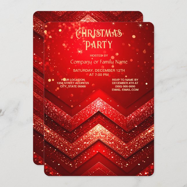 Invitación Red Decorative Christmas Glitter Holiday Party (Anverso / Reverso)