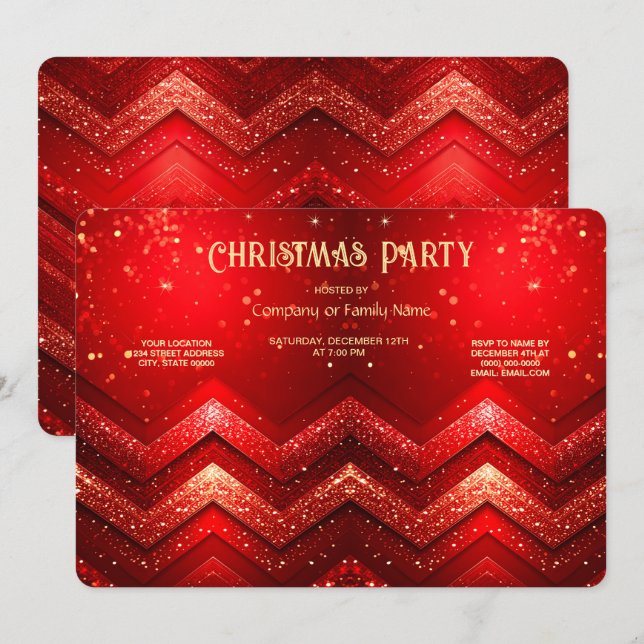Invitación Red Decorative Christmas Glitter Holiday Party (Anverso / Reverso)